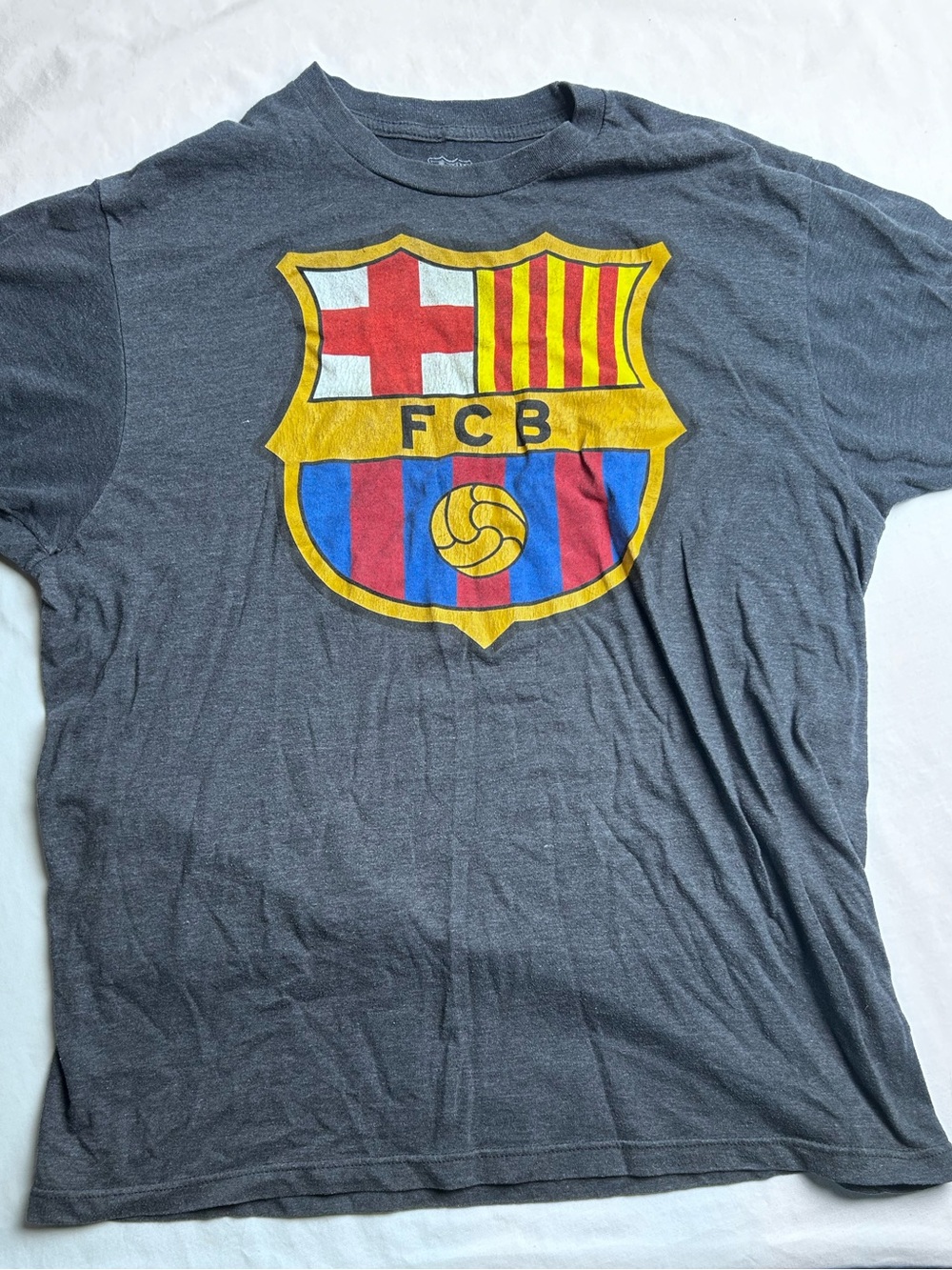 FC Barcelona Grey Graphic T-Shirt with Yellow, Red & Blue Crest large men’s